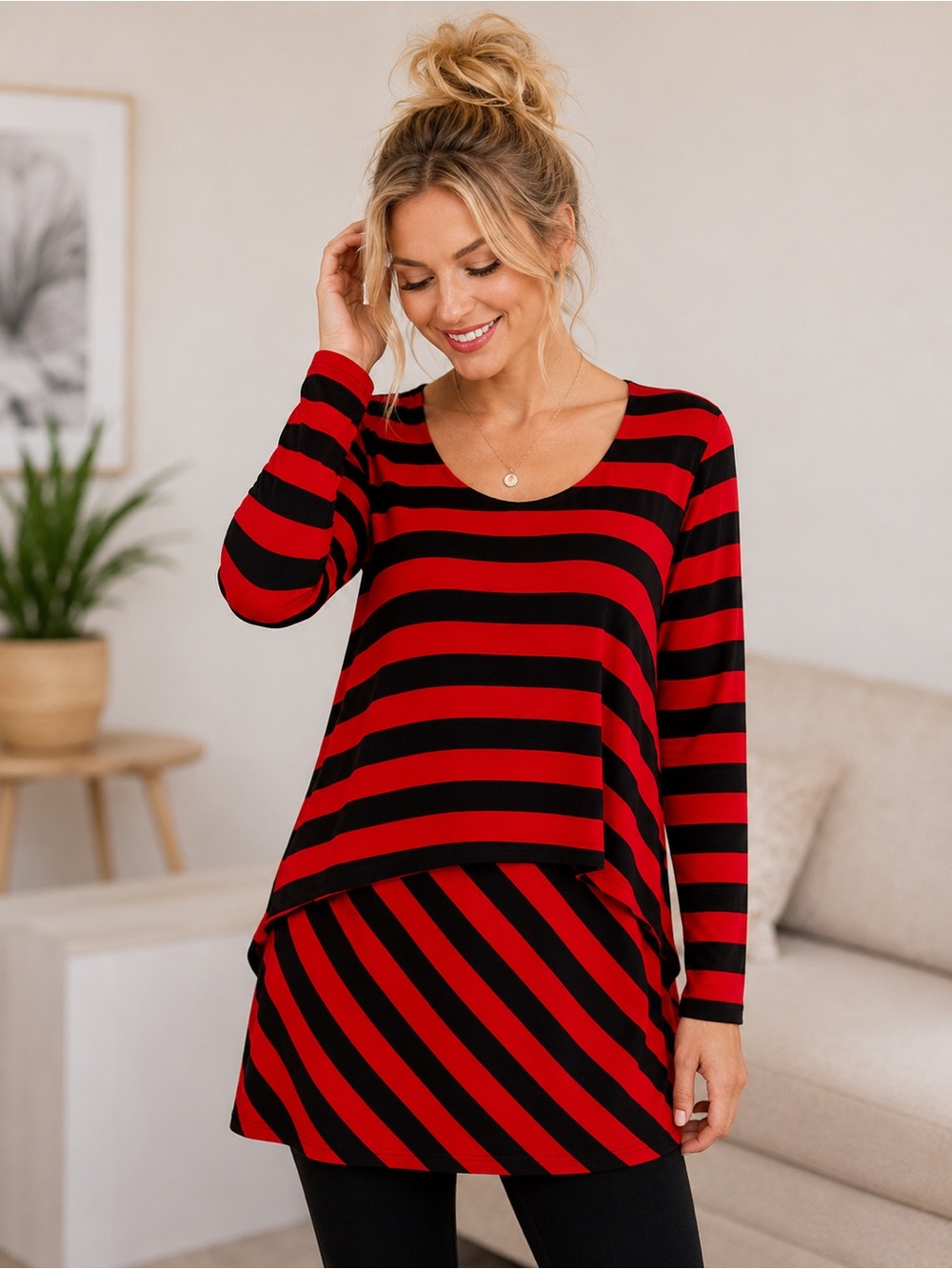 Lynn Ritchie Red Black Striped Layered Tunic Top Large Boho Boutique Chic